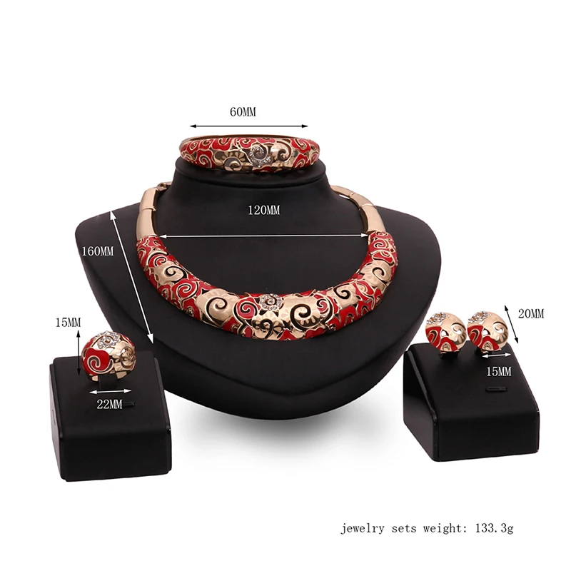 Necklace Bangle Stud Earrings Finger Ring Statement Jewelry Sets Luxury Vintage Gold color Rhinestone Red Flower Pattern Collar | Украшения