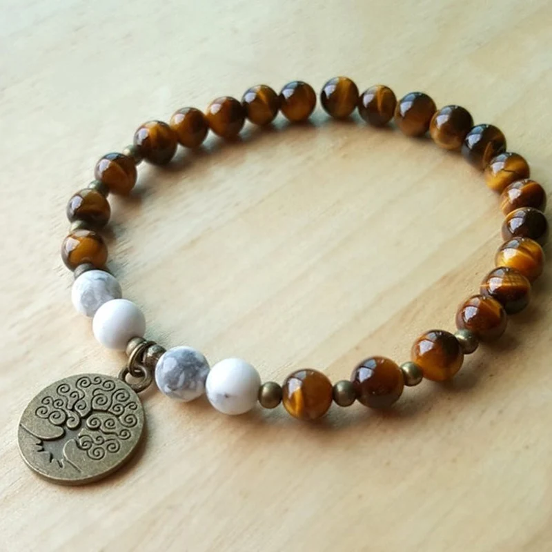 6 мм тигровый глаз и Белый Howlite браслет для медитации мала целебные ювелирные изделия дерево жизни Йога браслет для женщин мужчин