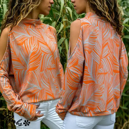 

Autumn New Women Cold Shoulder T-Shirts Turtle Neck Loose Top Cut Out Long Sleeve Tops Casual Printed Tees Fashion Plus Size
