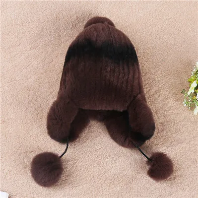 Dark brown Детские меховые шапки из натурального меха кролика рекс для мальчиков и девочек, теплые детские зимние шапки, ушанка пилота, белая меховая шапка, вязаные кроличьи уши, шапка - Цвет: Dark brown