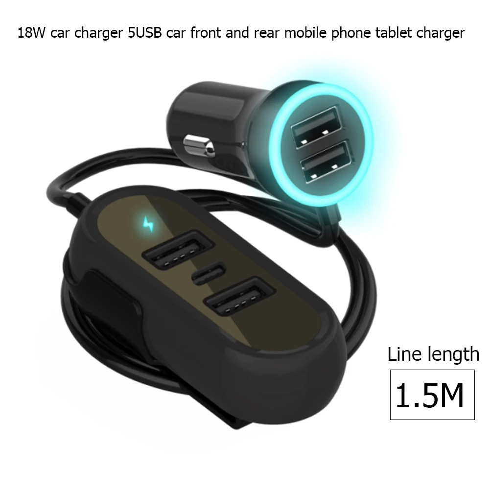PD 18W Universal Front/Rear Seat Car Charger 5 USB Mobile Phone Quick Charge Adapter Suitable for Multiple Backseat Charging