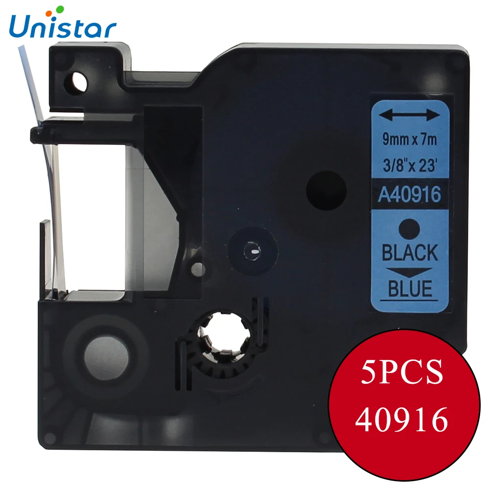 

UNISTAR 5 PCS Label Printer Tape Ribbons Compatible for DYMO for D1 LabelMaker 40916 Black On Blue 9mm Tape Cartridge For DYMO