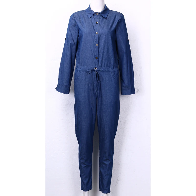 Женский комбинезон с длинным рукавом однотонный синий повседневный отложным