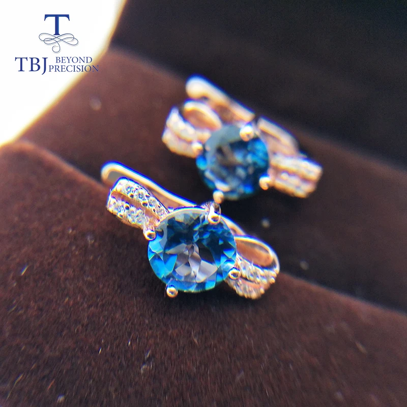 TBJ, натуральный, хороший цвет, Лондон, голубой топаз, Круглый, 7 мм, 3ct, драгоценный камень, застежка, серьги, серебро 925 пробы, розовое золото, ювелирные изделия для девочек