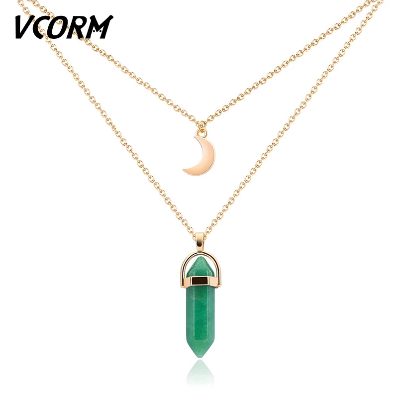 Green VCORM, Милая луна, шестиугольная колонна, натуральный кристалл, цепочки, ожерелья, Модные Винтажные звенья цепи, ожерелья для женщин, ювелирное изделие, подарок - Окраска металла: Green