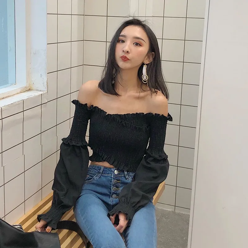 Женские осенние Blusas 2018 сексуальные с открытыми плечами черные хлопковые оборки