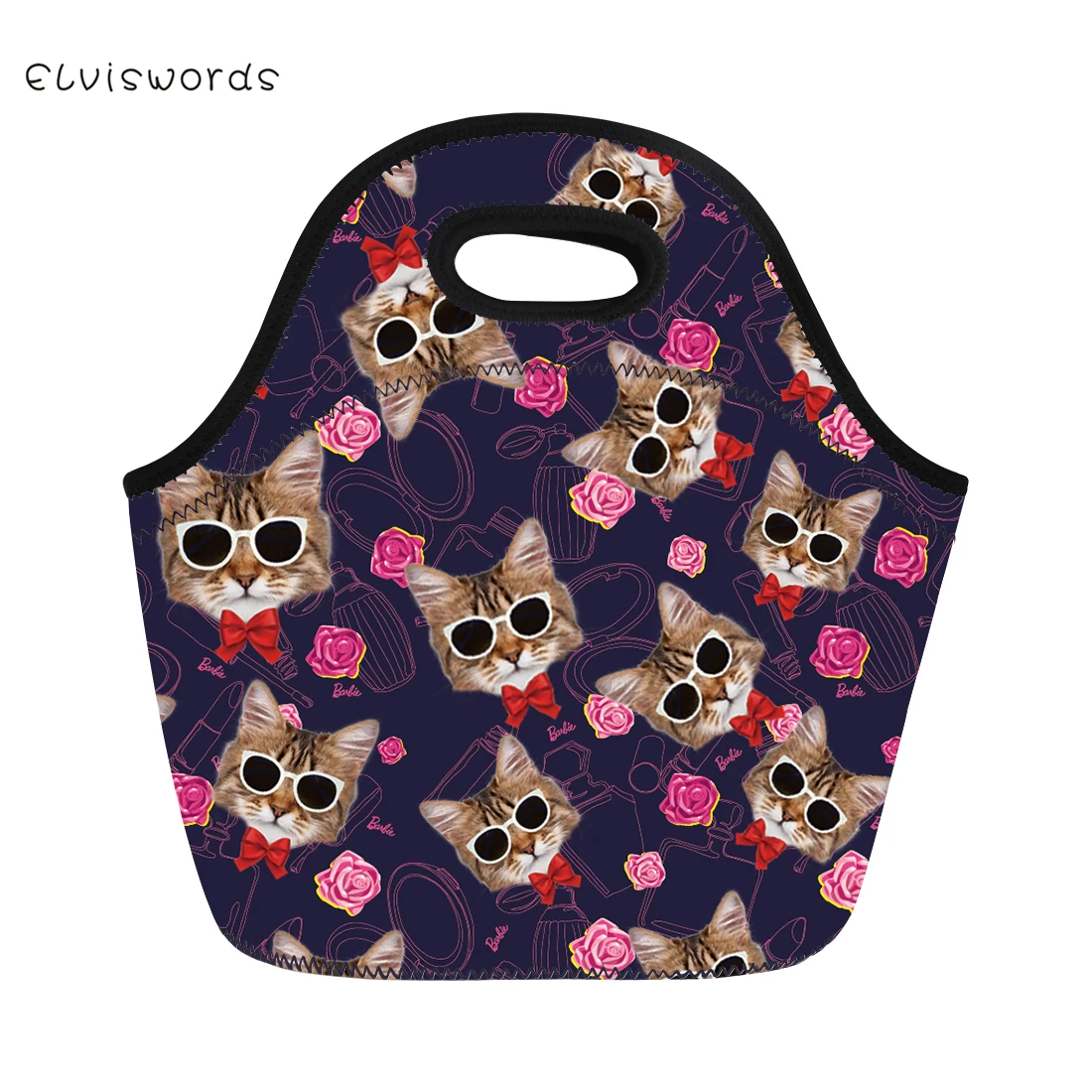 ELVISWORDS Cute Cats Printed Lunch Bag Neoprene Waterproof hand Box for Women Tote Girls Pinic Snacks Container Lovely | Багаж и сумки