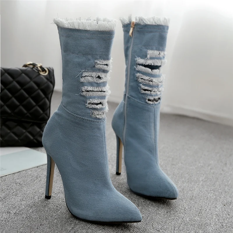 Новинка 2019 года женские дизайнерские синие ботинки с потертостями