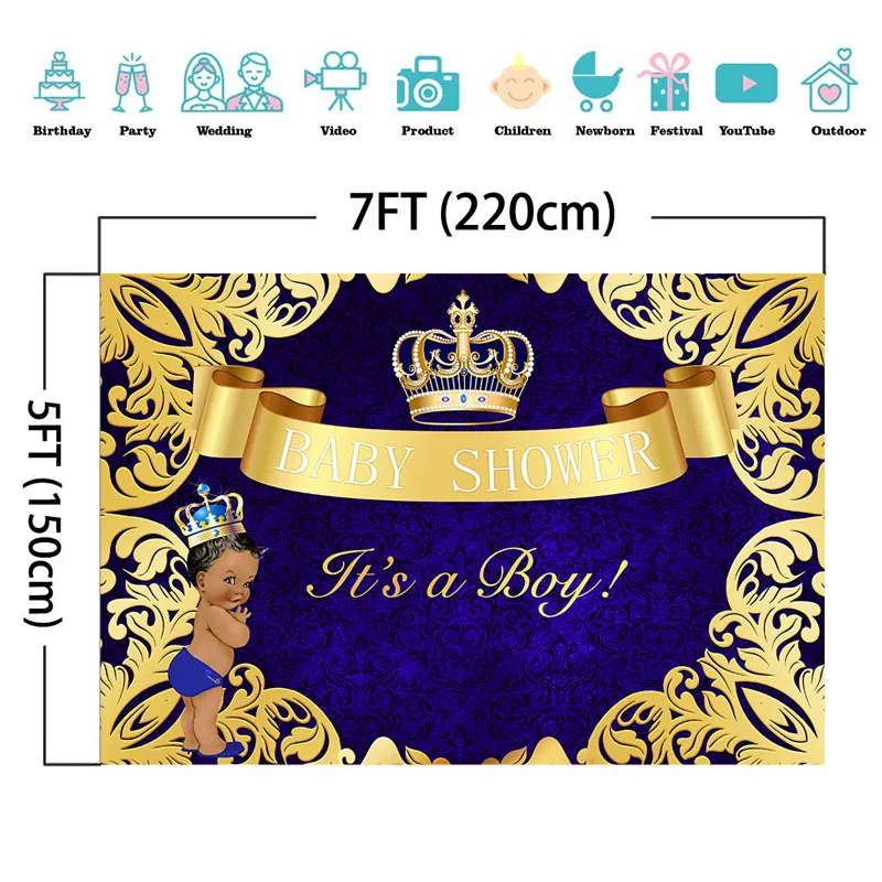 Фотофон NeoBack Royal Boy Baby Shower с изображением Золотой короны сапфировый синий фон для