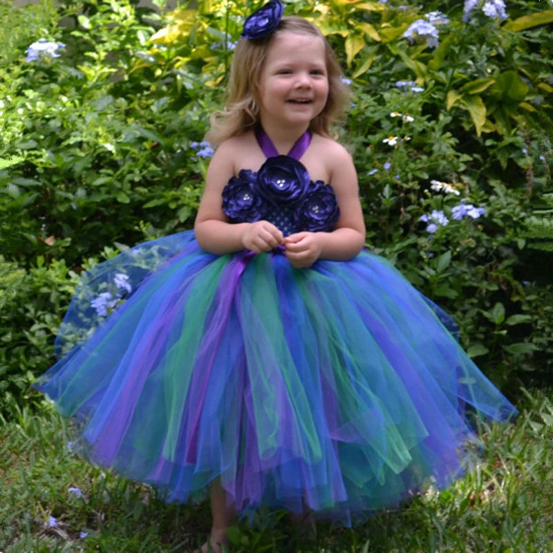 Blue &amp Purple Flower Girl Peacock Tutu Dress Wedding Birthday Party Girls Halloween Costume Kids Ball Gown 1-14 | Детская одежда и