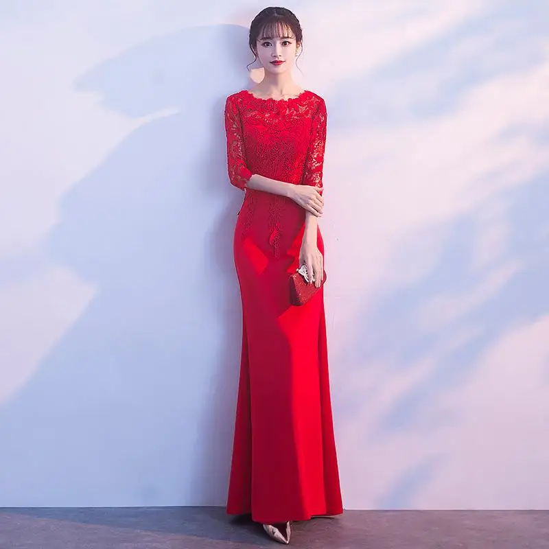 Китайское женское тост сексуальная одежда тонкое платье русалки Vestidos улучшенное О-образным вырезом Qipao благородное элегантное кружевное Чонсам оверсайз XXXL - Цвет: Style 2