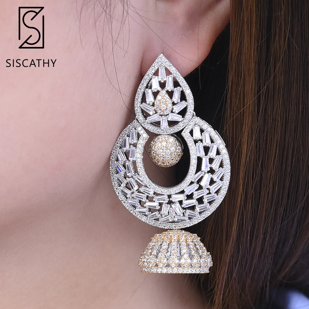 

SISCATHY Luxury Geometric Earrings Cubic Zirconia Inlaid Nigerian African Wedding Earrings Dangle Drop Earrings for Women