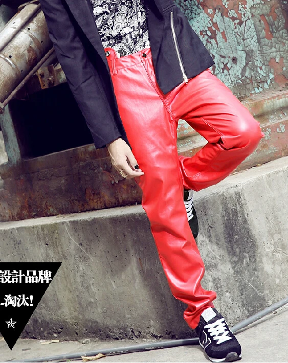 Original design men's clothing autumn winter trend rivet red black motorcycle leather pants high waist male costumes trousers