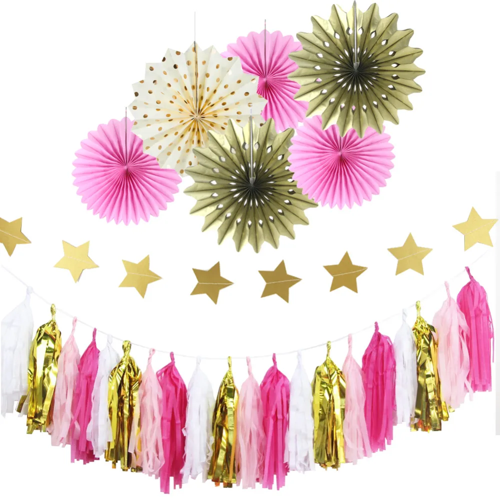 Набор украшений из бумаги в розовом и золотом цвете 27 шт.|tassel garland|tassel goldtassels pink |