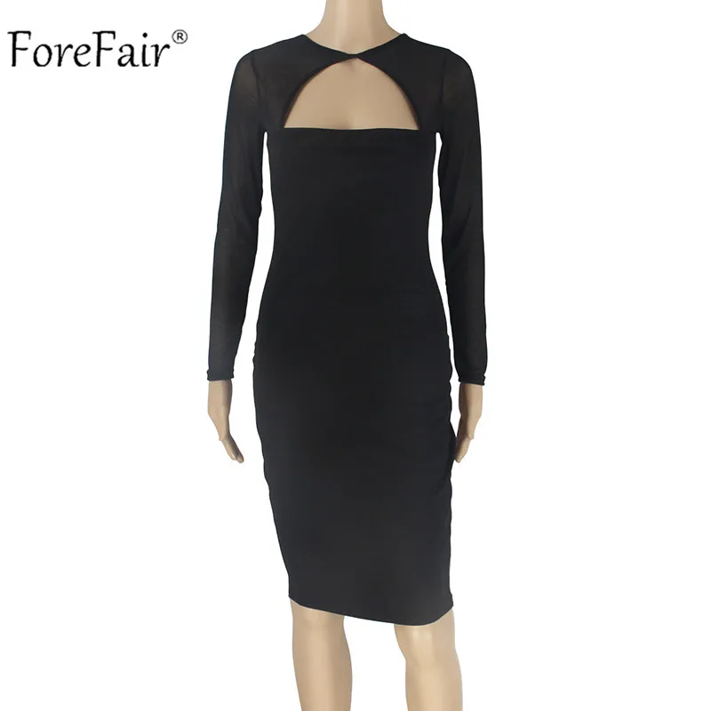 Женское Сетчатое платье ForeFair черное облегающее средней длины с длинным рукавом