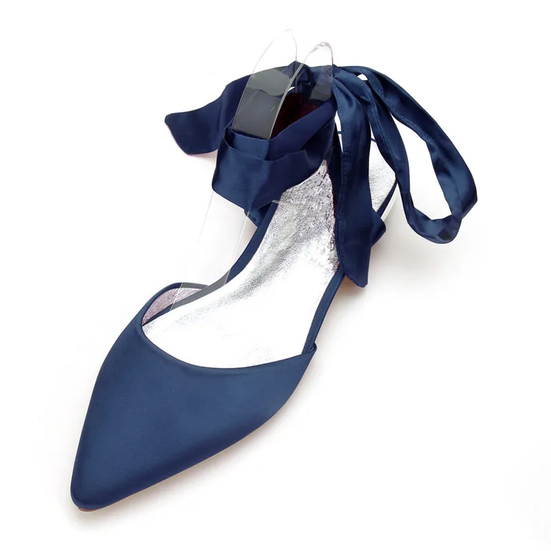 Navy Blue OnnPnnQ/Удобная плоский атласный женская обувь с острым носком и ленточным ремешком; обувь для выпускного вечера; обувь для торжественных случаев; свадебные вечерние туфли на плоской подошве - Цвет: Navy Blue
