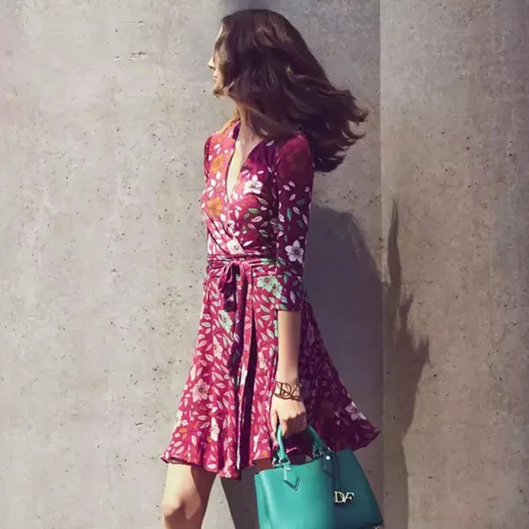 Woman Vintage Summer Dresses 2019 Ladies V-Neck Cherry Blossom Print Milk Silk Patchwork Chiffon Wrap Dress | Женская одежда