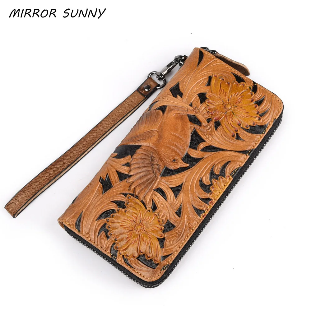 

New Women Long Wallet Genuine Leather Flower Handy Zipper Purse Retro Female Clutch Wristband Wallet Multi Card Holder Carteira