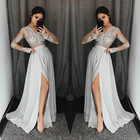 a line long bridesmaid dresses 2018 sexy long sleeve v neck illusion lace appliques floor length party gowns robe de soiree