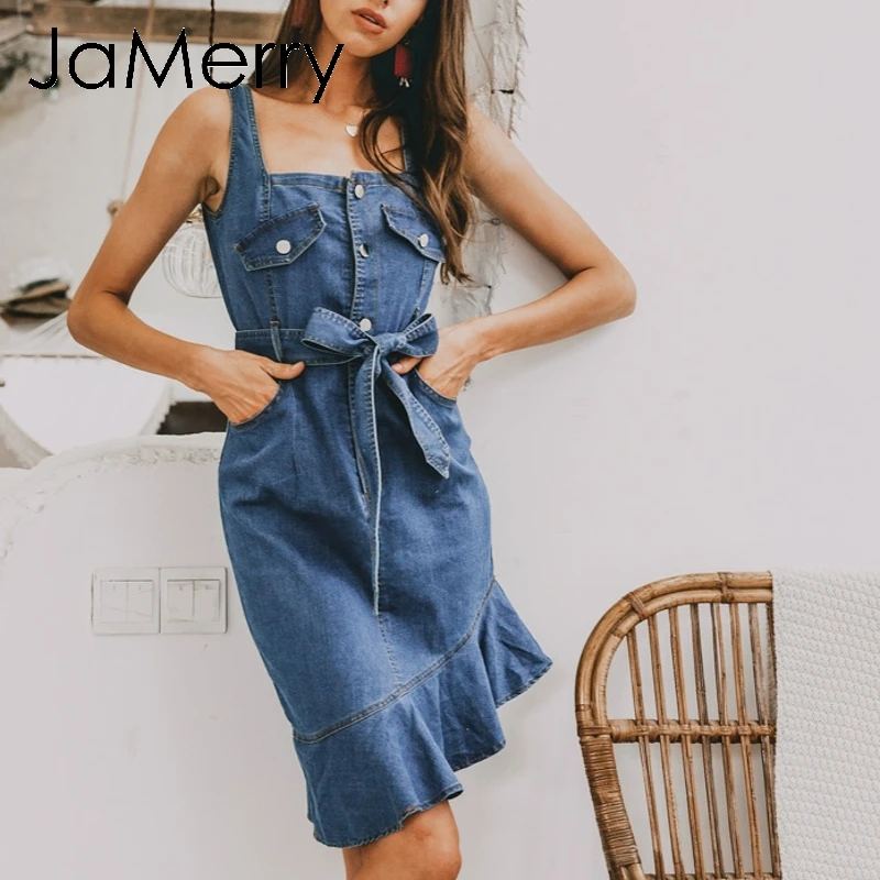 JaMerry винтажное повседневное облегающее синее женское джинсовое летнее платье