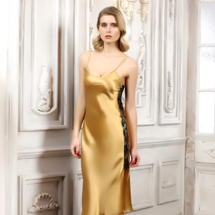 100% шелковые женские ночные рубашки Золотые пижамы из чистого шелка сексуальные