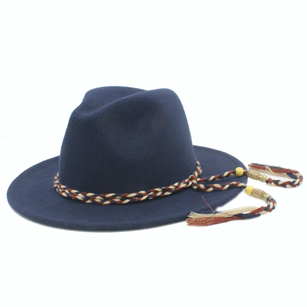 Dark Blue Шерстяная женская мужская фетровая шляпа для джентльменов Элегантная Леди Зима Осень с широкими полями джазовая церковная крестная шляпа размер 56-58 см - Цвет: Dark Blue