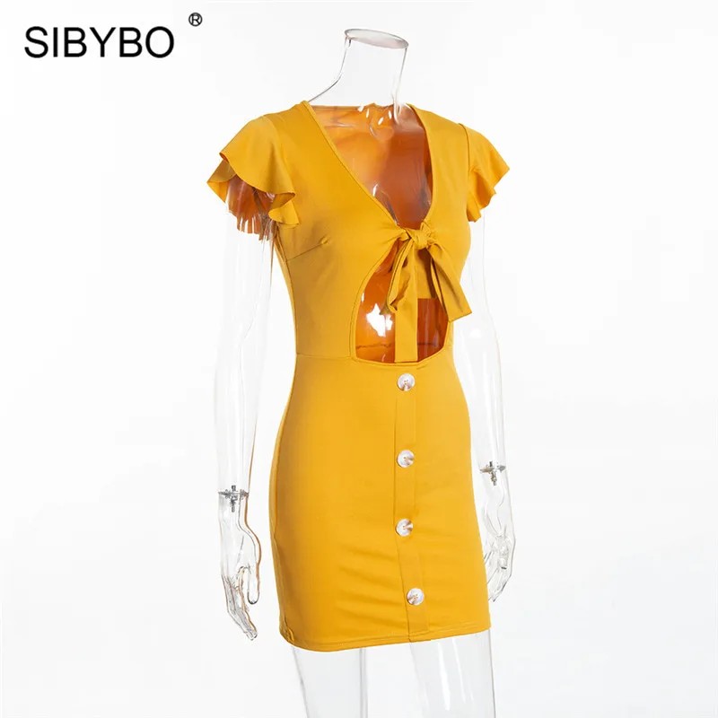 Женское платье с бантом и оборками Sibybo, повседневное мини-платье на пуговицах с V-образным вырезом, рукавом-бабочкой и разрезами для пляжа на лето