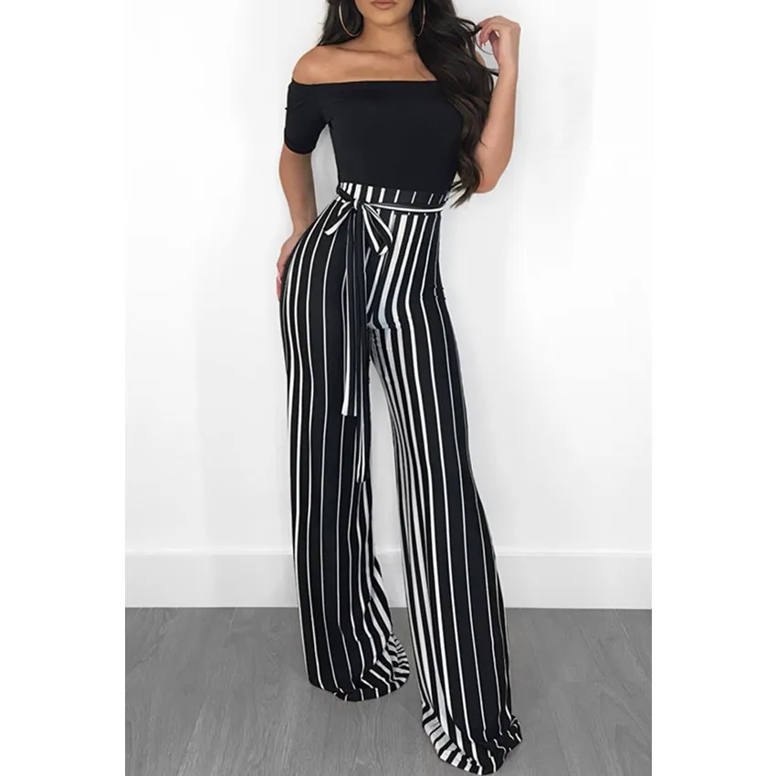 Wjustforu Slash Neck Wide Leg Jumpsuit Elegant Casual Women Bandage Striped Off Shoulder Fashion Sexy Female | Женская одежда