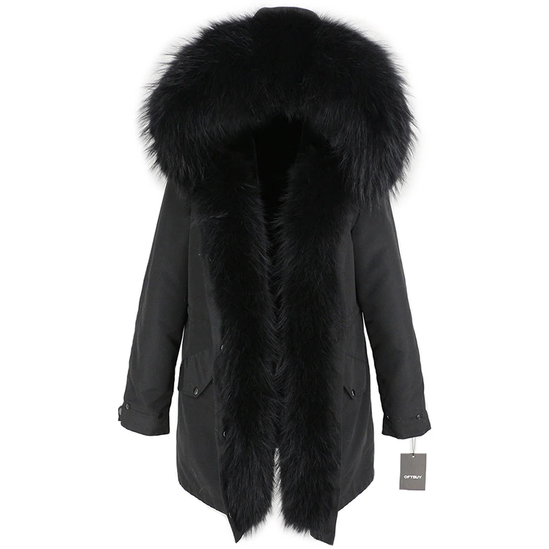 full black Женская парка с мехом енота OFTBUY, черное водонепроницаемое пальто на меху, с большим капюшоном с отделкой из натурального меха енота, верхняя одежда со съемным мехом, зима - Цвет: full black
