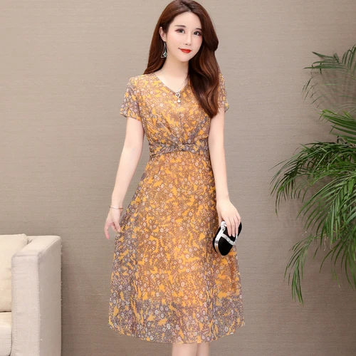 Женское платье с коротким рукавом BV52 красное желтое зеленое цветочным принтом