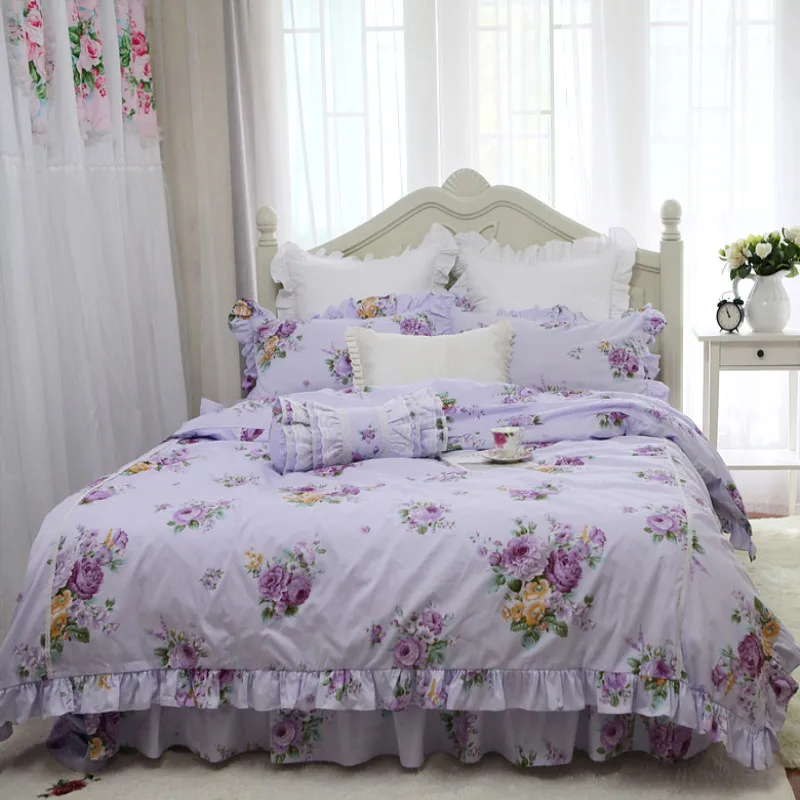 

New Pastoral purple flowers print bedding set cotton fabric garden bedding bed set elegant king bedding set lace duvet cover set