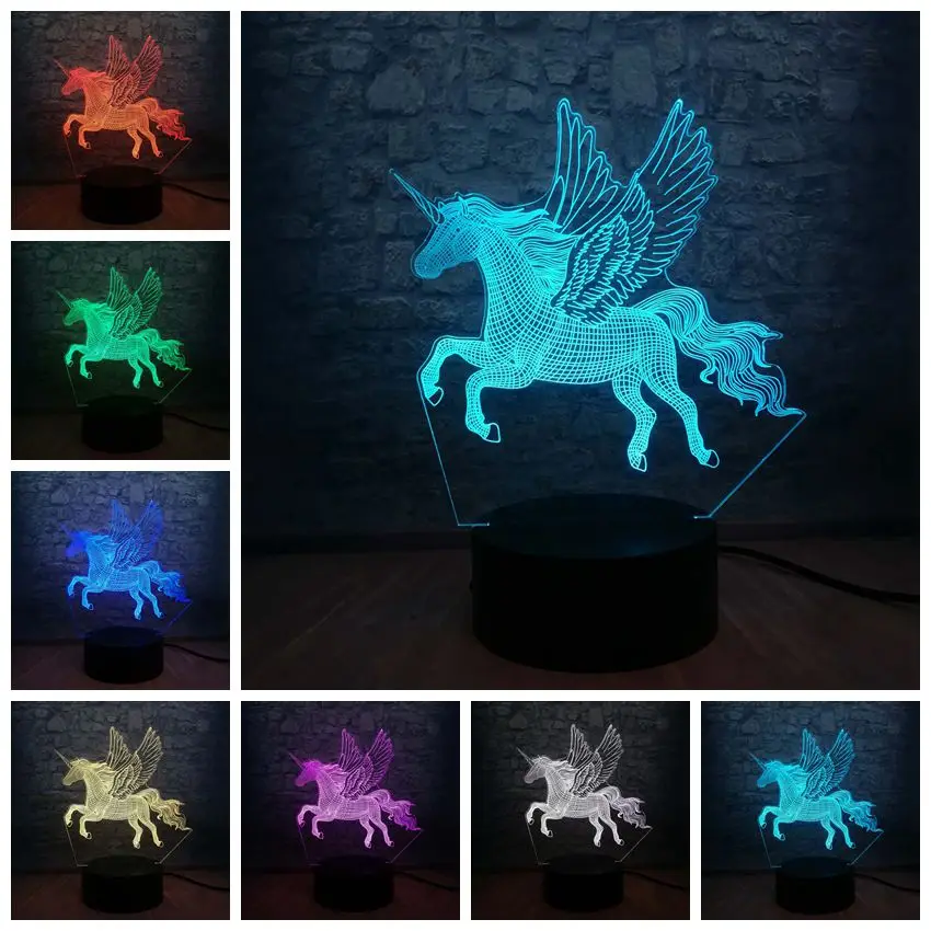 3D животное Единорог Лошадь Ночник светильник светодиодный иллюзия Лампа USB 7
