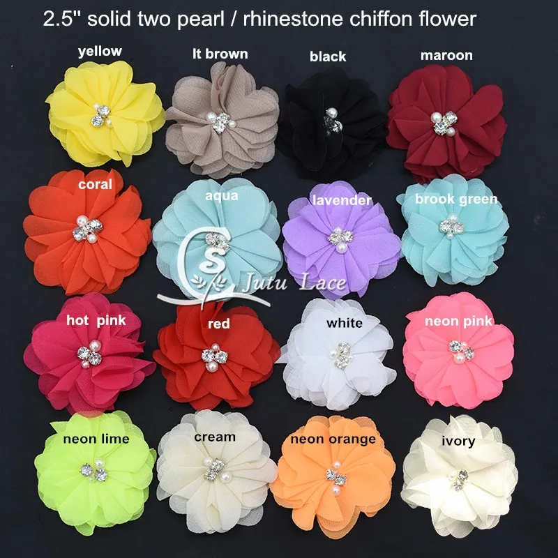 

60pcs/lot , 2.5 ''DIY Pearl Rhinestone Centere chiffon shabby Flowers for Corsage Cloth Apparel accessories headwear