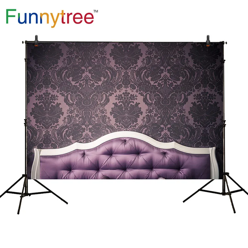 

Funnytree backdrop for photographic studio Purple vintage damask pattern wall headboard bedroom background photobooth printed