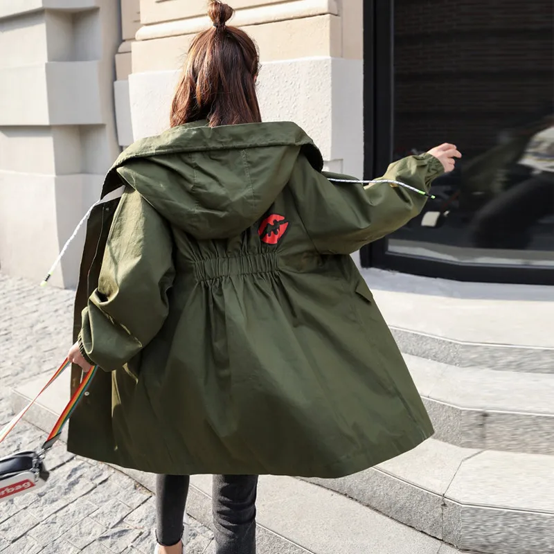 armygreen Женский Длинный плащ с капюшоном, весна-осень, Harajuku BF, Тонкая Повседневная Свободная верхняя одежда, женская одежда, ветровка, пальто A1462 - Цвет: armygreen