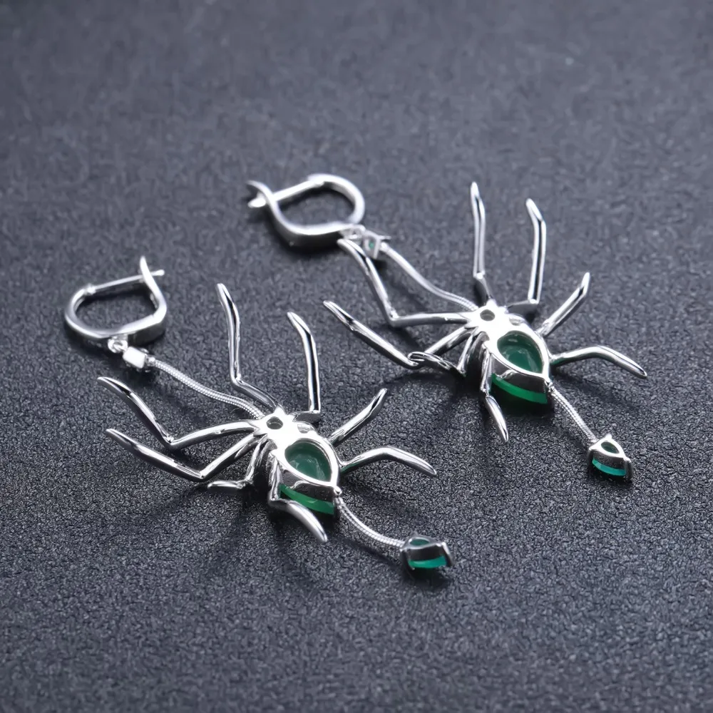 Женские Балетные сережки GEM'S из натурального зеленого агата и паука серебра 925
