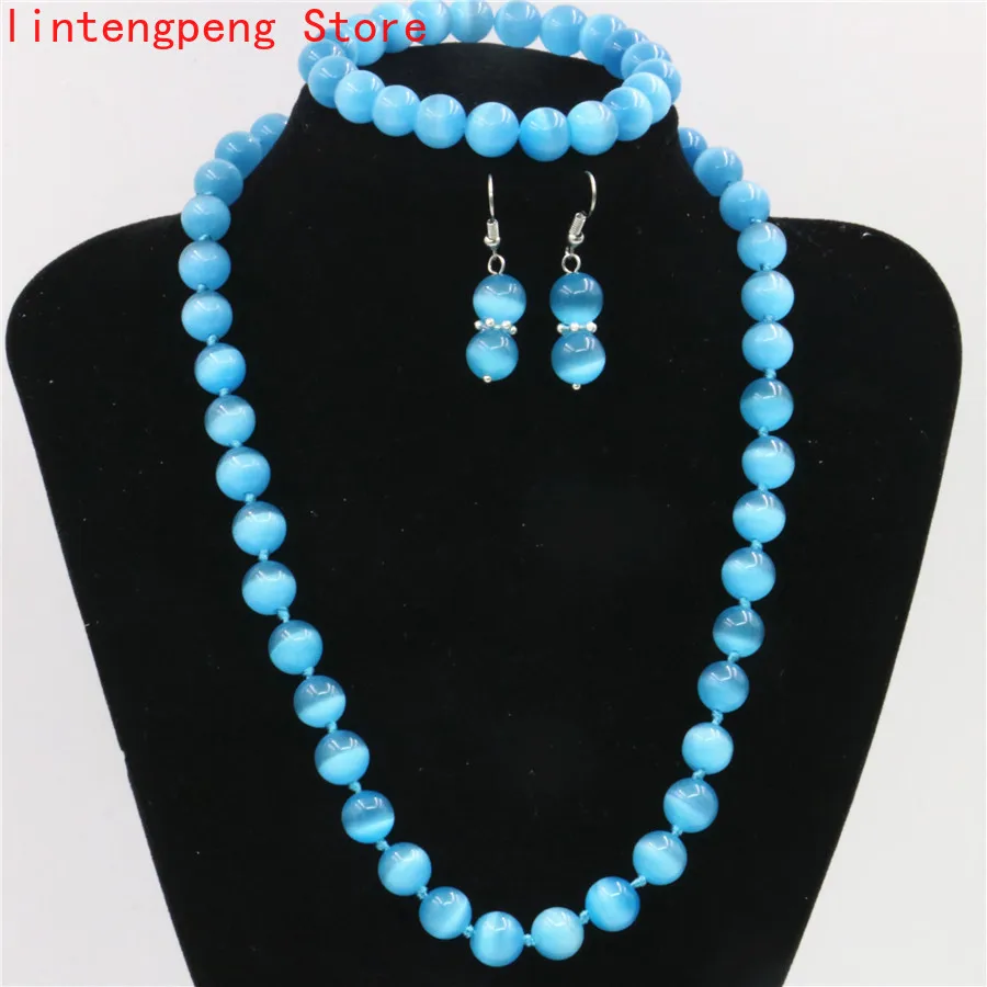 Небесно Голубой натуральный опал кошачий глаз камень круглые бусины женские