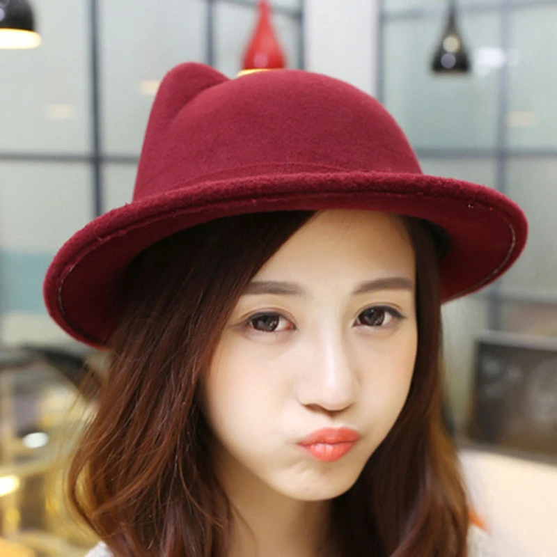 Hi Q шерстяные фетровые шляпы с кошачьими ушками бантом одноцветные милые