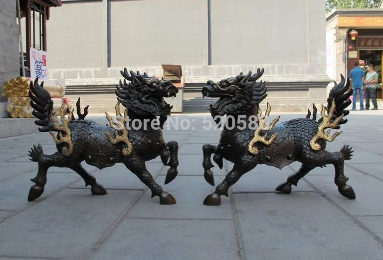 Китайские из Чистой Бронзы Foo Dog Dragon Lion Fire kylin Lucky statue Pair | Дом и сад
