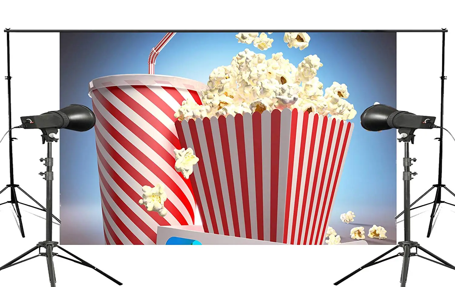 Изысканный Синий фон Летающий над попкорном с чашкой напитка мультфильм студия
