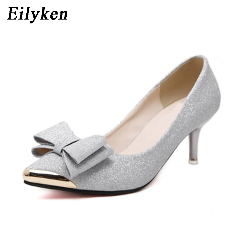 Eilyken; женские туфли-лодочки на высоком каблуке; Новинка года; сезон весна-осень; Рабочая обувь с острым носком на шпильке с бантом; пикантная обувь с блестками; цвет черный, золотой, серебряный