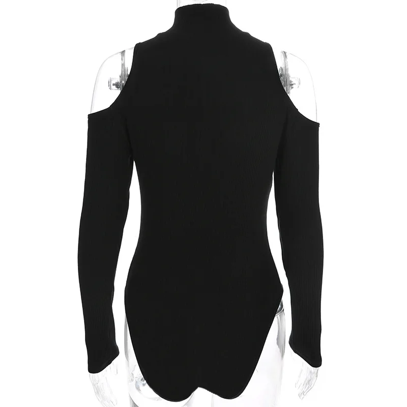 2018 осень Long Sleeve Cold Shoulder боди изящные молния спереди тонкий комбинезон женщина