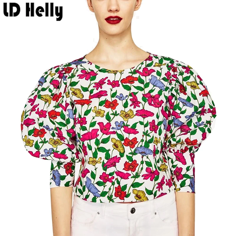 Женщины Цветочный Принт Короткий Блузки О-Образным Вырезом Puff Рукавом Горб из