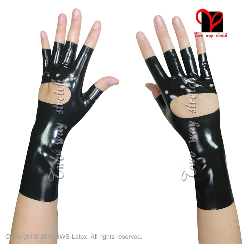 Sexy Black Fingerless Latex Gloves with holes Rubber Mittens Gummi Glovelettes ruffles Wristlets Knuckle black ST-010