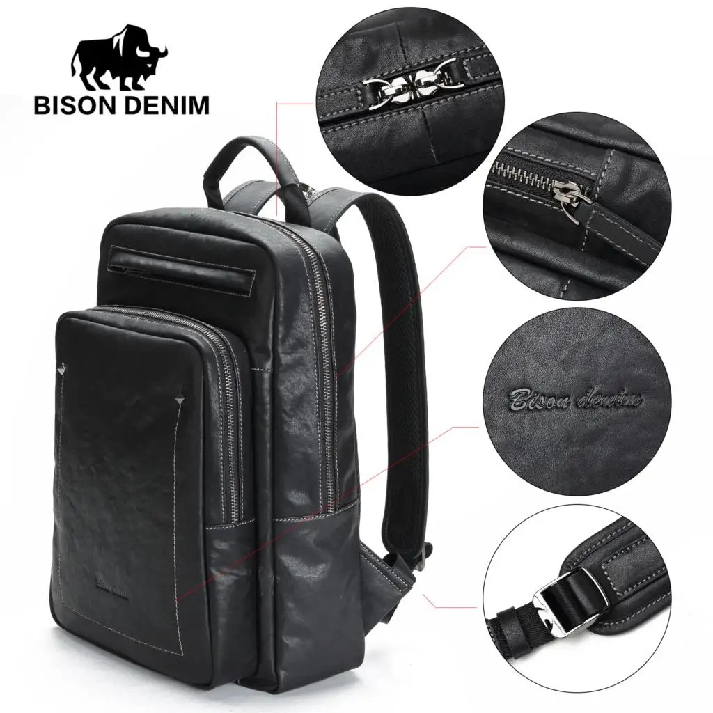 BISON DENIM высококачественные мужские рюкзаки из коровьей кожи вместительные для