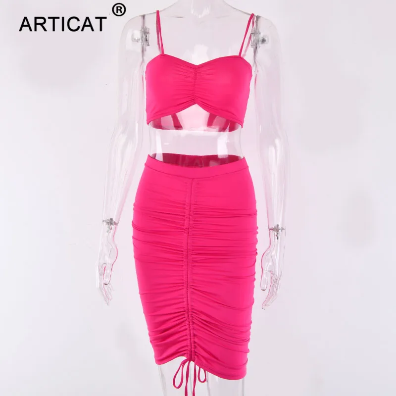 

Articat Two Piece Sexy Pleated Party Dress Women Spaghetti Strap Backless Slinny Pencil Christmas Dress Casual Dress Vestidos
