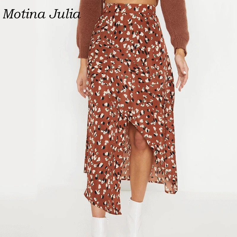 Motina Юлия 2019 Лето chic печати юбка нижняя уличная ассиметричное миди юбка|Женские
