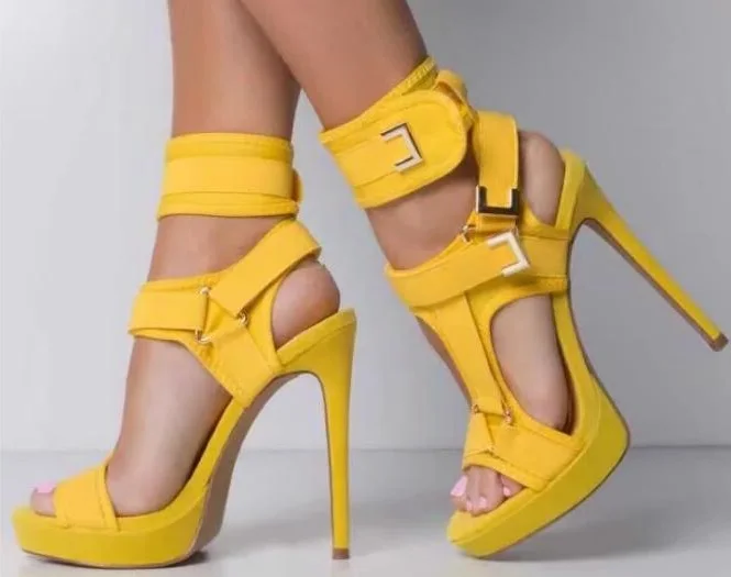 

Linamong Women Elegant Mixed Color Chunky Heel Sandals Platform Metal Buckle Strap Dress Shoes Yellow Burgundy Wedding Heels