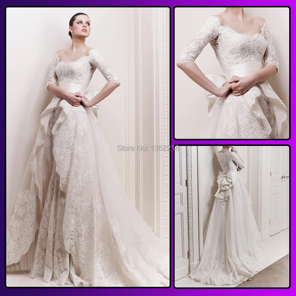 2015 Handmade V Neck Long Sleeve Zuhair Murad Wedding Dresses with Bow vestidos de noivas Sexy Bridal Gowns China LHX04123 | Свадьбы и