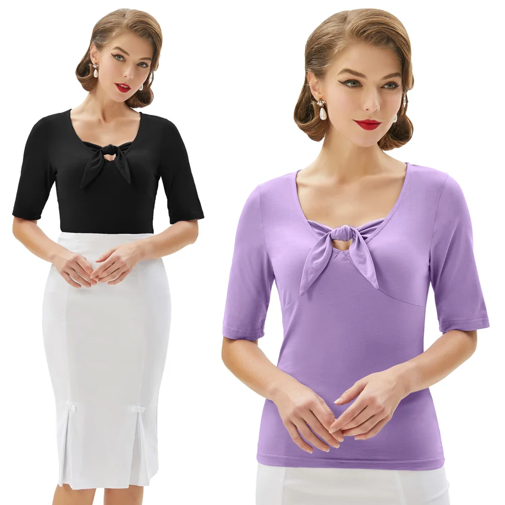 Женская футболка с V образным вырезом рукавом 1/2 и галстуком|Футболки| |